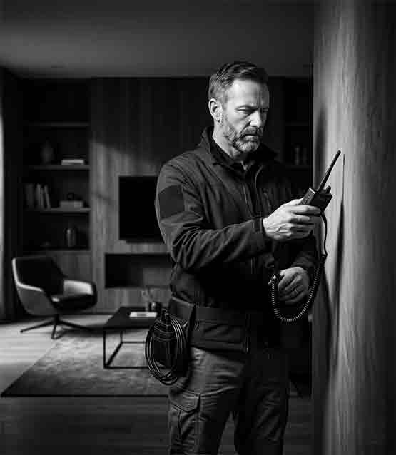 TSCM technician scanning home for hidden bugs and cameras in Canada