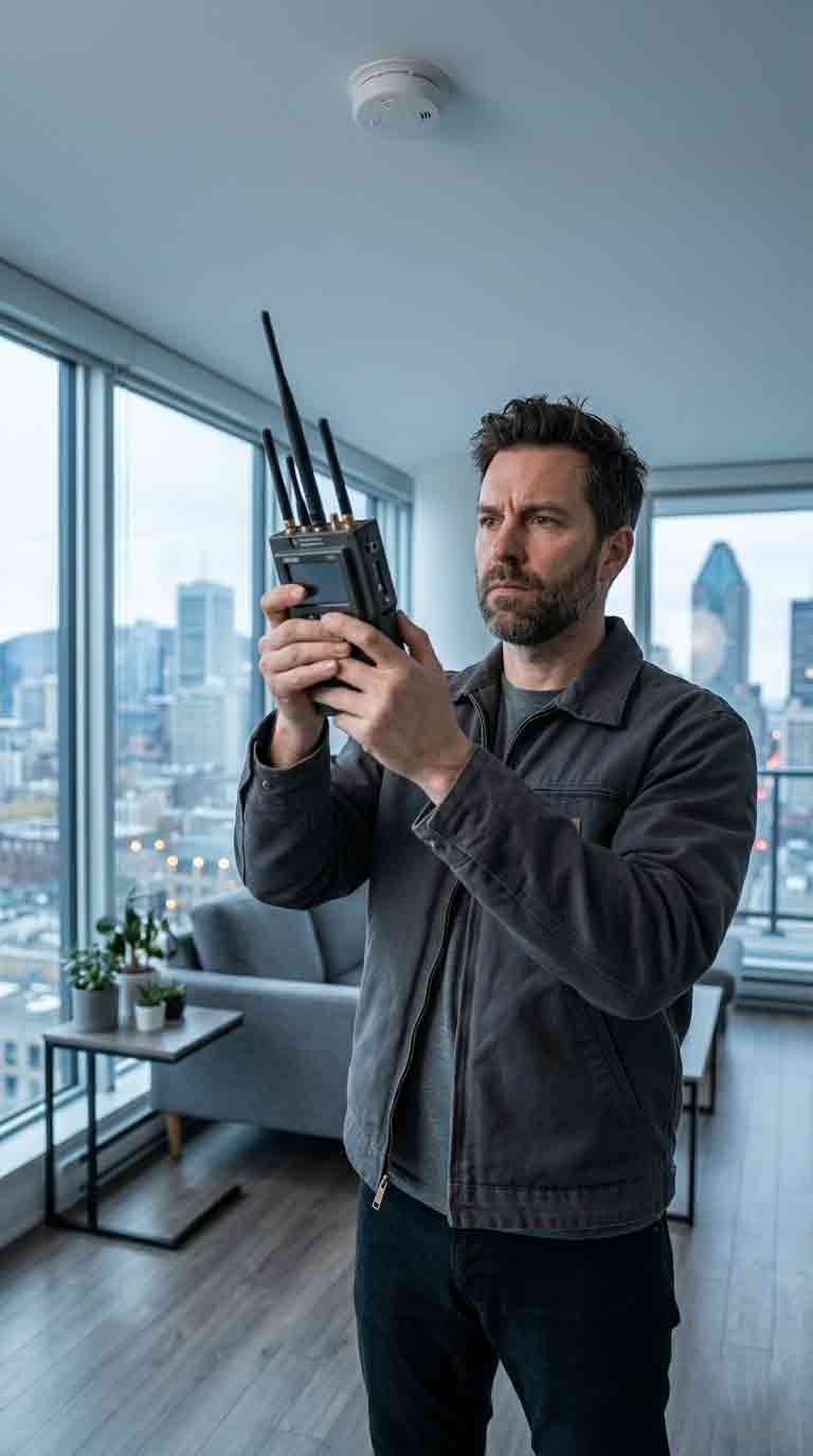 Hidden Camera Detection Quebec — Spy Device Detection TSCM technician conducting hidden camera detection sweep in Quebec