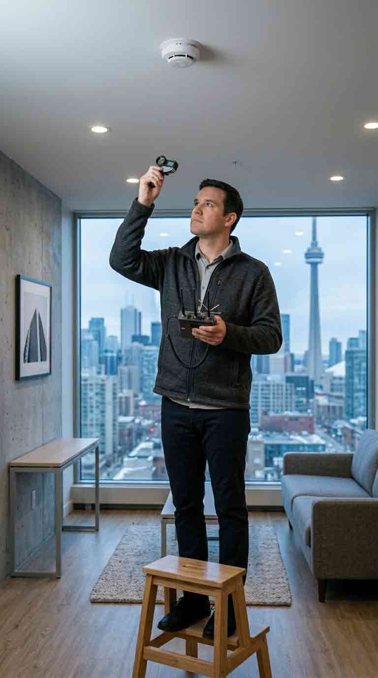 TSCM technician conducting hidden camera detection sweep in Toronto home
