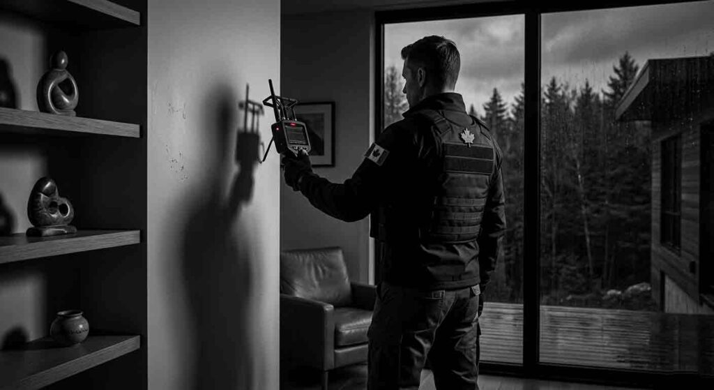 TSCM technician scanning wall for hidden bugs and cameras in Canadian home